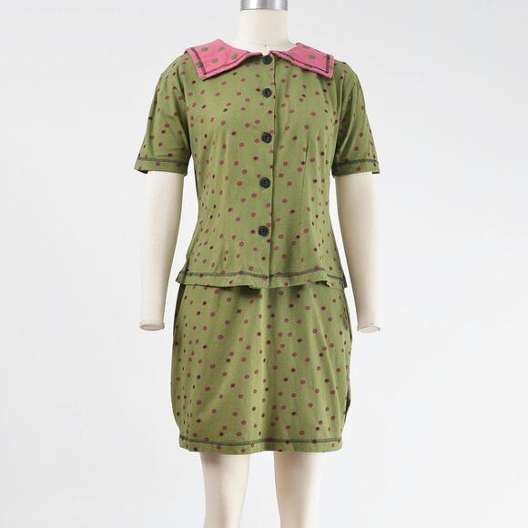 Vintage Dresses & Skirts - Vintage 90s Polka Mini Dot Skirt and Blouse Set Cotton Sailor Collar Top XS S